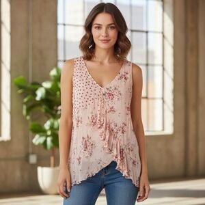 Together Blouse Women's 18 Peach Floral Polka Dot Semi Sheer Ruffle Sleeveless